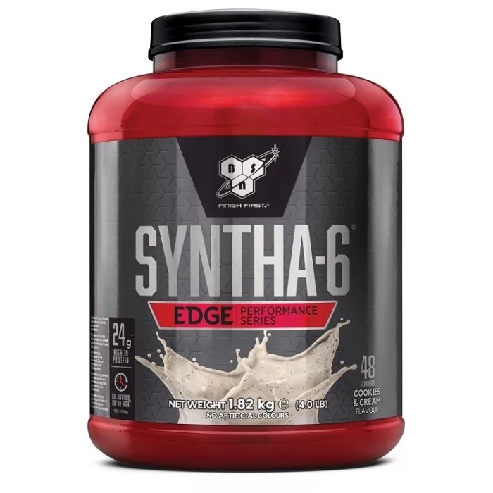 BSN Syntha-6 Edge protein powder, 1.82kg, cookies & cream flavour, 48 servings, performance series supplement in a red and black container.