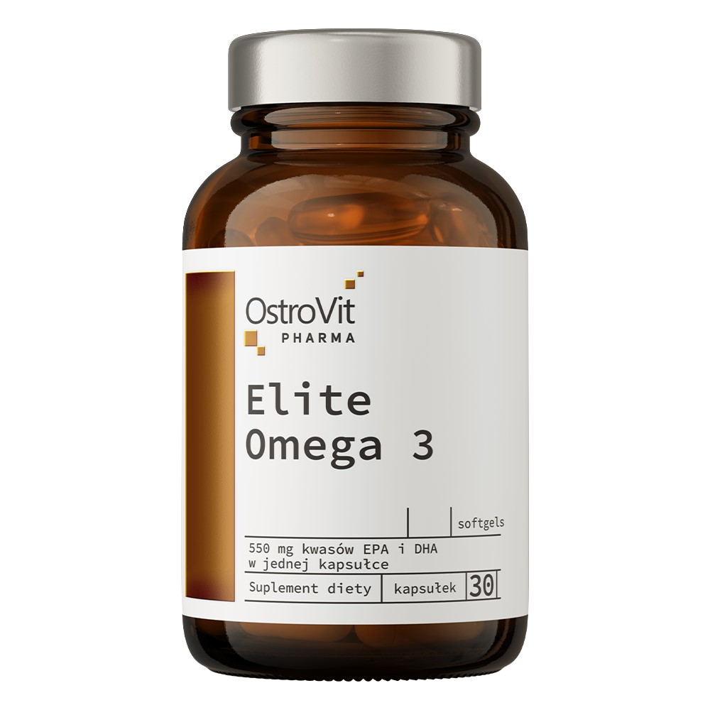 Close-up of OstroVit Pharma Elite Omega 3 softgel capsules, translucent yellow oval-shaped supplements