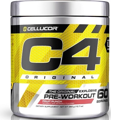 Cellucor C4 Original Pre-Workout 60 servings fruit punch, a dietary supplement powder for energy and performance, in a yellow and silver tub.