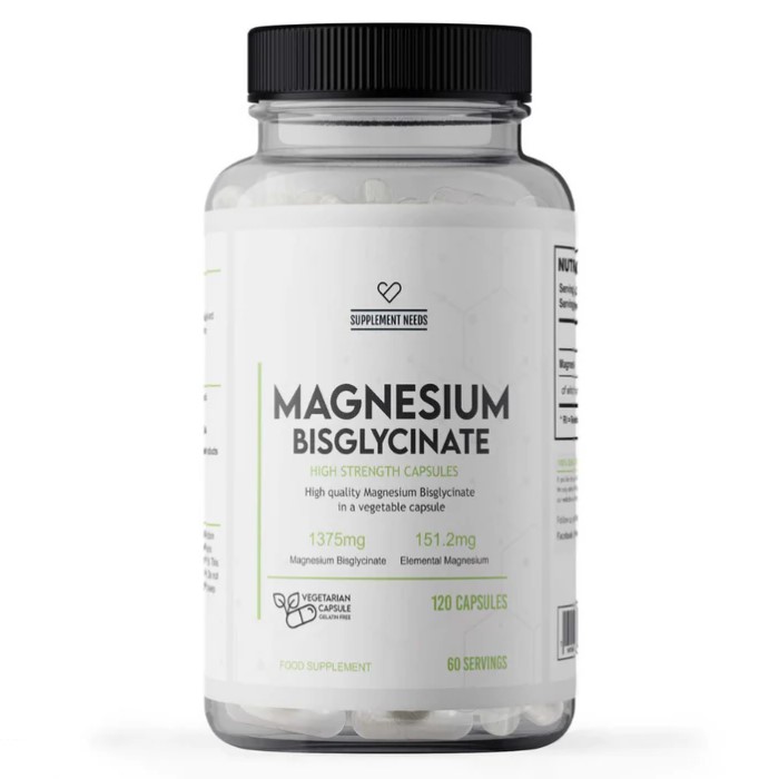 Supplement Needs Magnesium Bisglycinate high strength capsules, 120 count, vegetarian capsules with 1375mg magnesium bisglycinate per serving, white bottle with black lid.