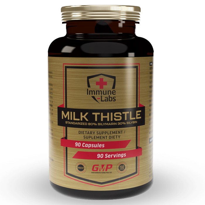 Vegetarian capsule form of Immune Labs Milk Thistle 400mg, shown as clear capsules with colored contents