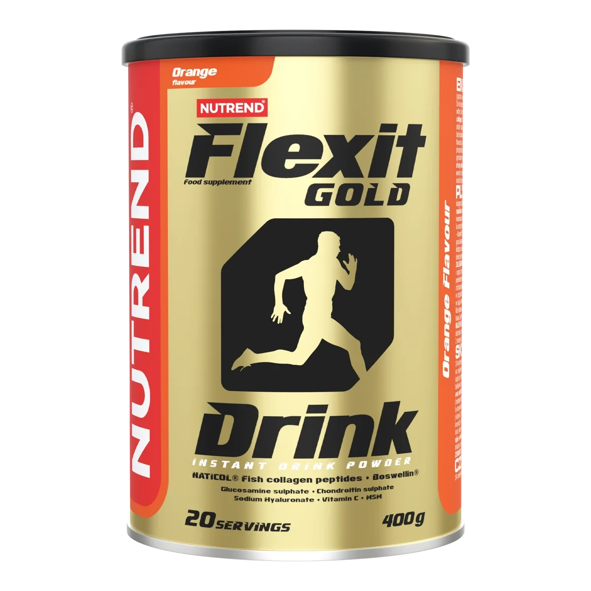Nutrend Flexit Gold Drink 400g Orange flavour joint health supplement powder with collagen, glucosamine, chondroitin, MSM, and vitamins for joint support.