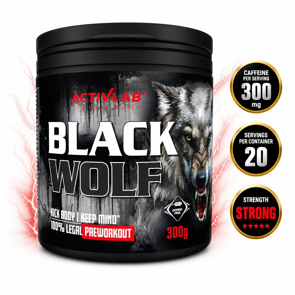 ActivLab Black Wolf 300g pre-workout supplement in a black tub with wolf artwork and red and white label details