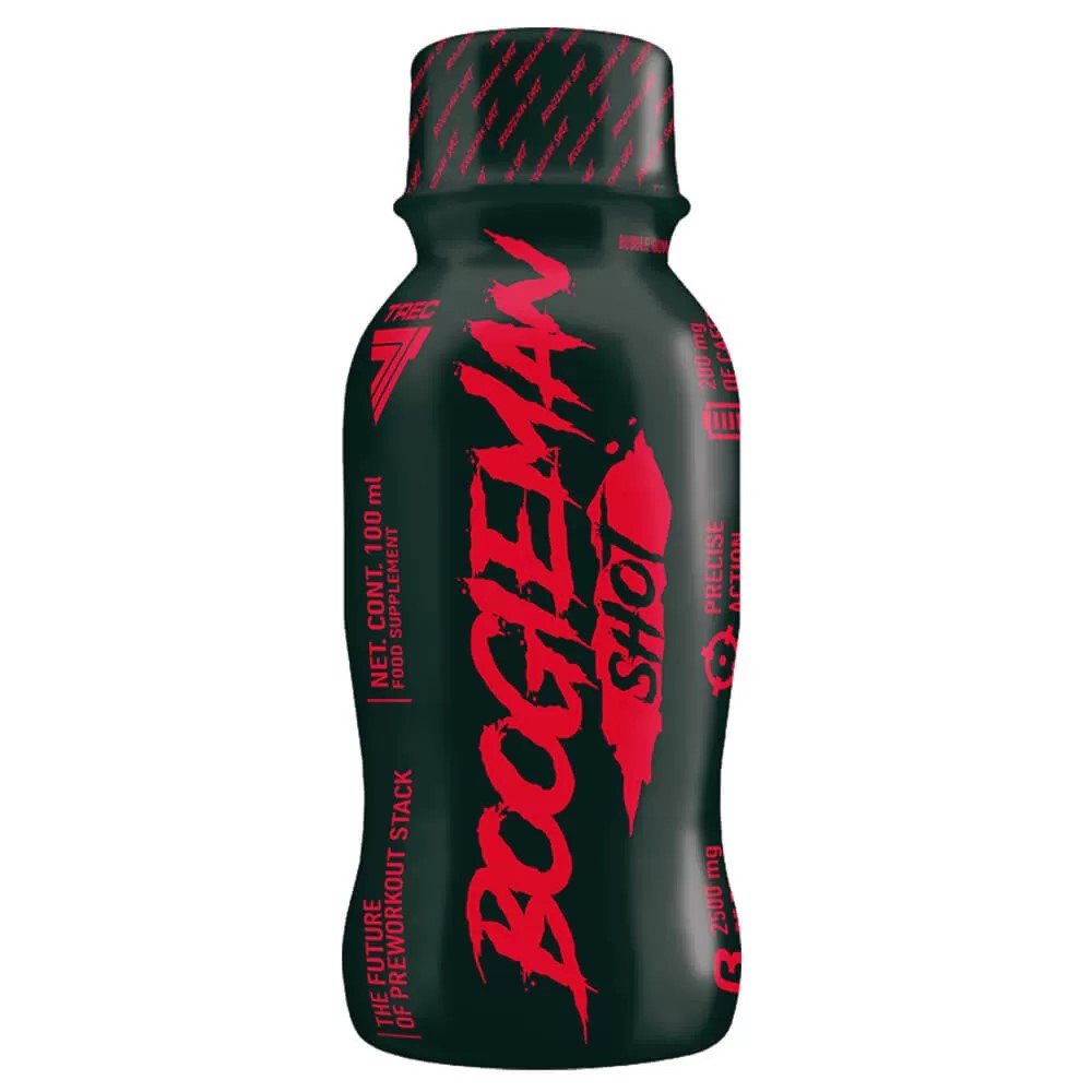 Trec Boogieman Shot 100ml pre-workout supplement in a black and red bottle, designed for energy and focus before workouts.