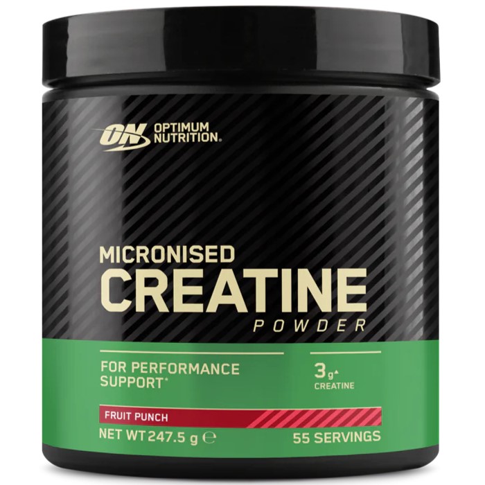 Optimum Nutrition Micronised Creatine Powder 247.5g fruit punch flavour, dietary supplement for performance support, black and green tub