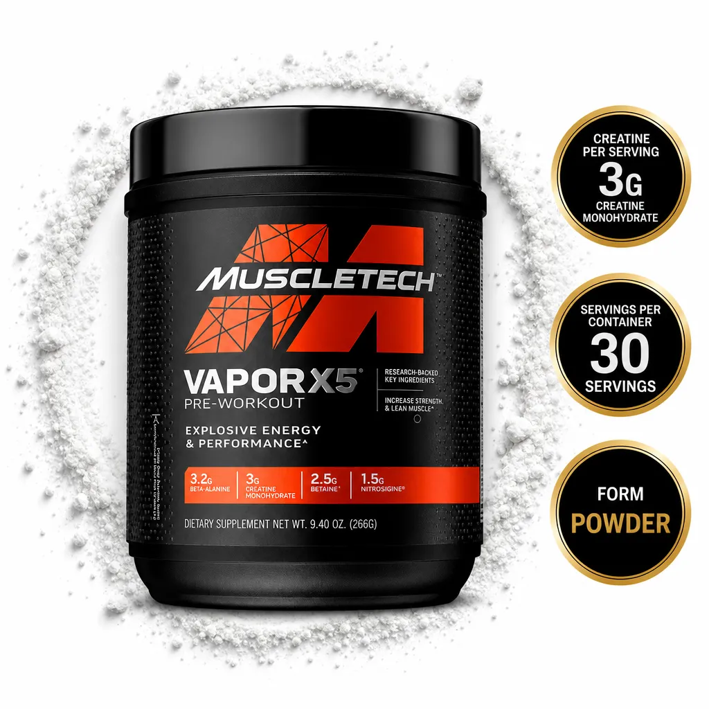 MuscleTech Vapor X5 Next Gen pre-workout powder, 30 servings, in a black tub with creatine, beta-alanine and betaine.
