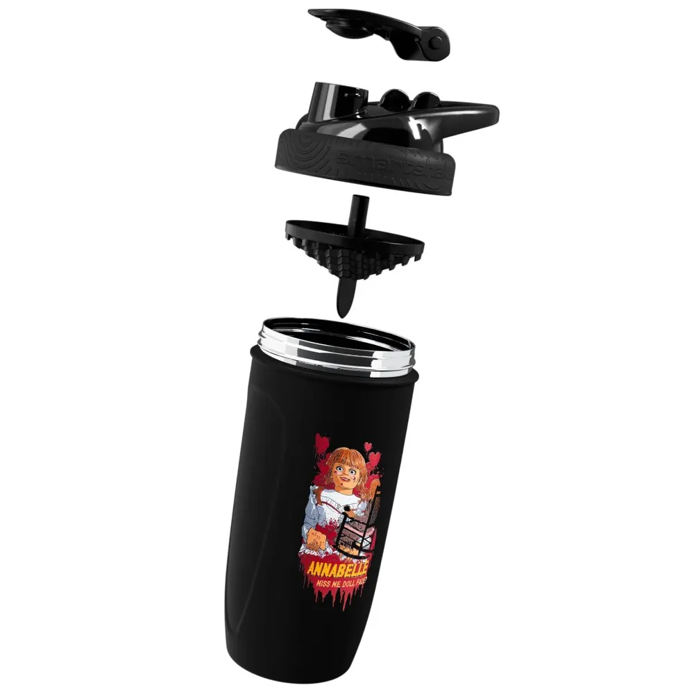Smartshake Annabelle Horror Collection stainless steel shaker, 900ml, featuring Annabelle doll artwork on a black bottle with a black lid and mixing insert.