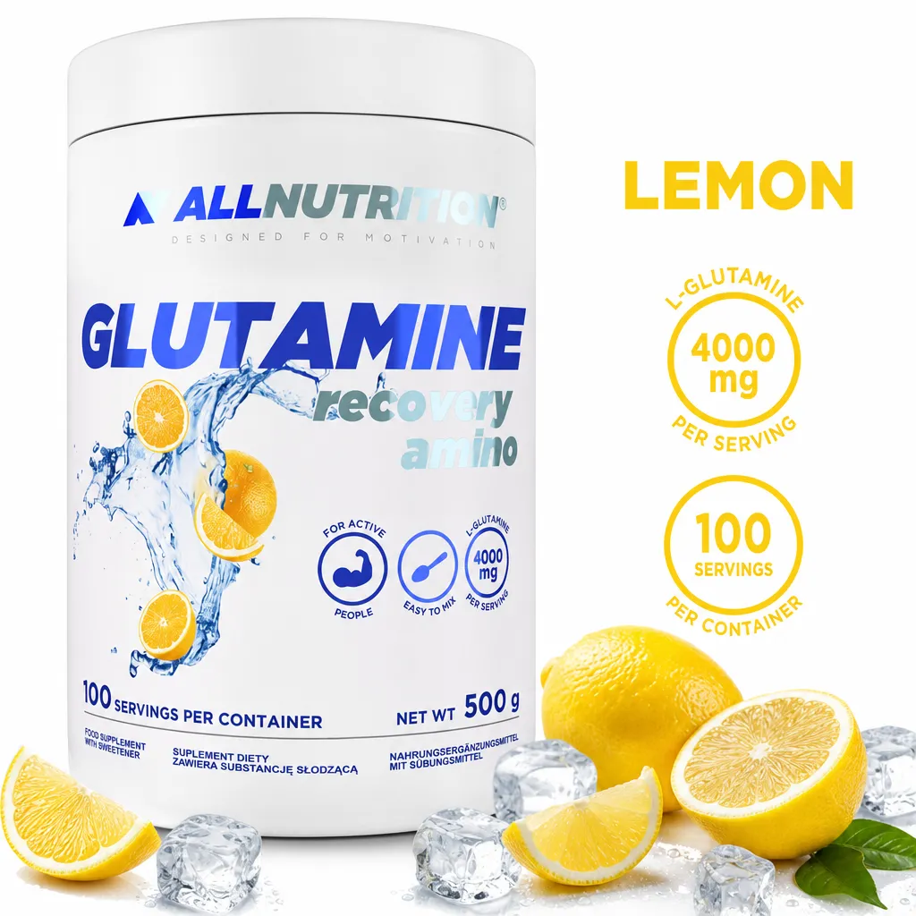 Allnutrition Glutamine Recovery Amino lemon-flavoured amino acid powder, 500g tub with 4,000mg L-glutamine per serving