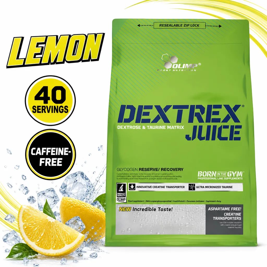 Olimp Dextrex Juice 1000g lemon-flavoured dextrose and taurine carbohydrate powder supplement in a green resealable pouch