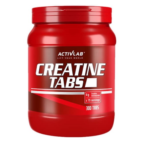 ActivLab Creatine Tabs 300 tabs dietary supplement, creatine monohydrate tablets in a large red container, suitable for athletes and fitness enthusiasts.