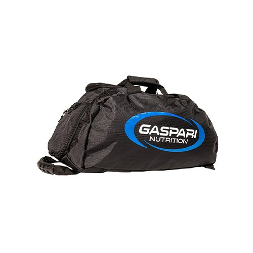 Gaspari Nutrition Sport Bag, a black athletic duffel bag with the Gaspari Nutrition logo in blue and white, suitable for gym or sports use.