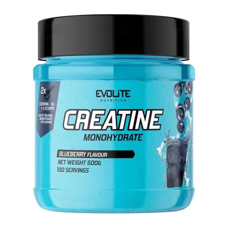 Evolite Creatine Monohydrate 500g container, white with blue accents, labeled by Evolite Nutrition