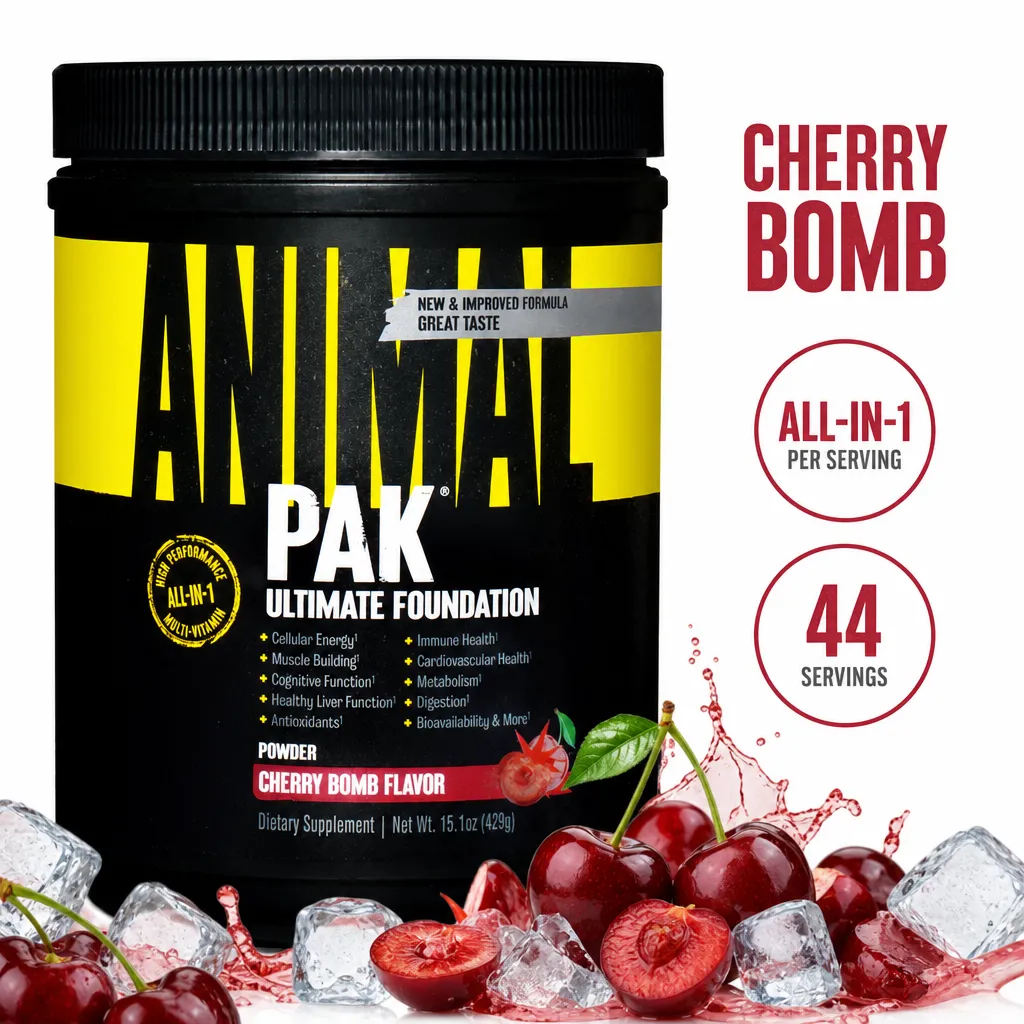 Universal Nutrition Animal Pak Powder dietary supplement in Cherry Bomb flavour, 44 servings, black and yellow tub