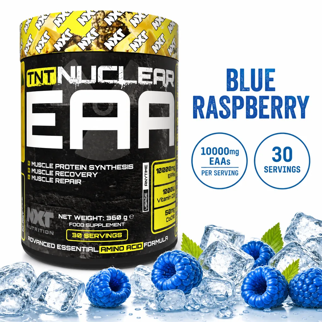 NXT Nutrition TNT Nuclear EAA 360g blue raspberry amino acid powder with 10,000mg EAAs per serving and 30 servings.