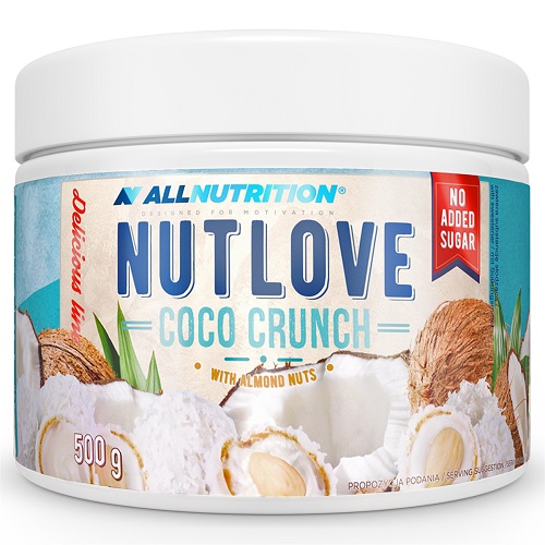 Allnutrition Nutlove Coco Crunch With Almond Nuts 500g is a coconut and almond nut spread with no added sugar, in a white tub with coconut imagery and blue accents.
