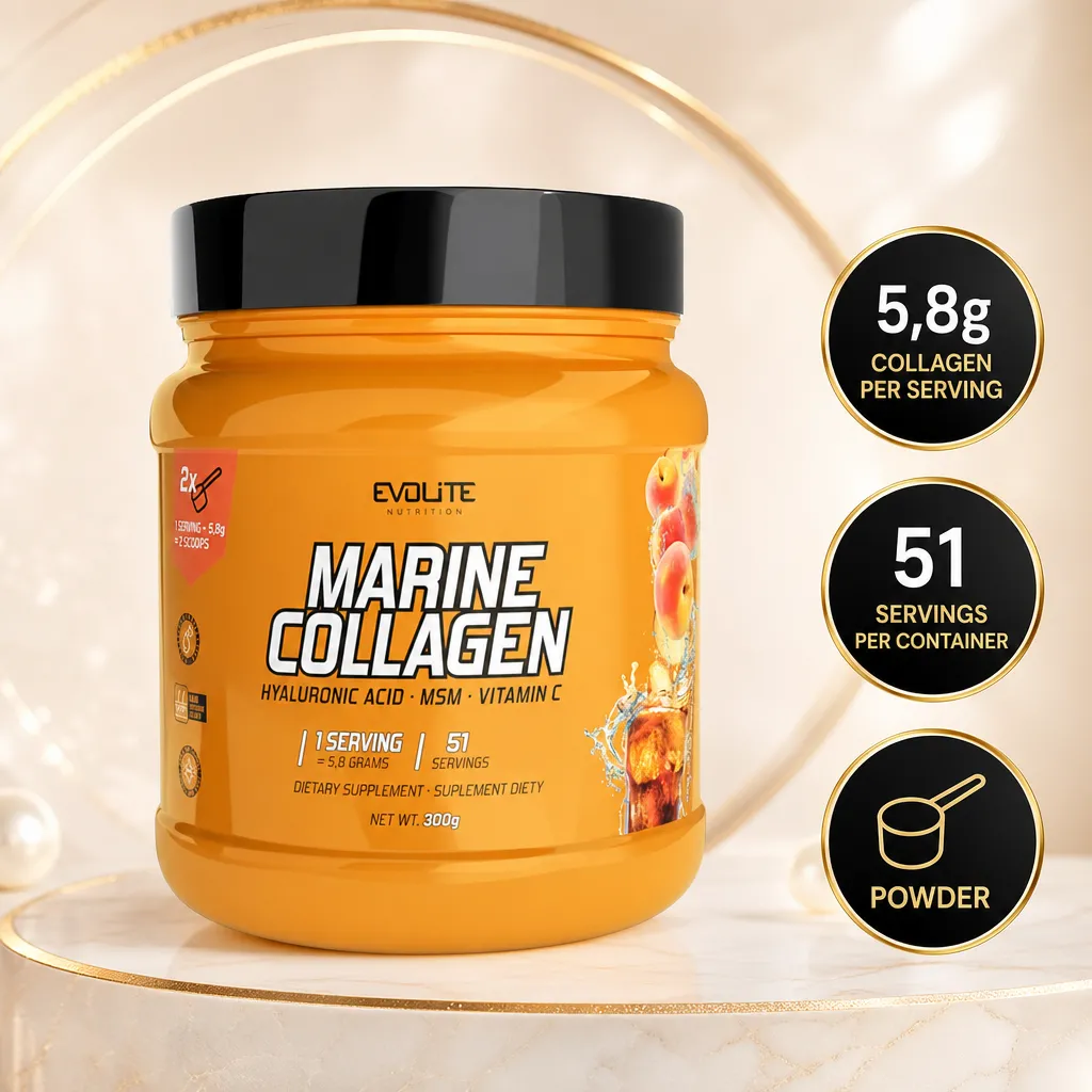 Evolite Nutrition Marine Collagen 300g powdered marine collagen supplement with hyaluronic acid, MSM and vitamin C in an orange tub