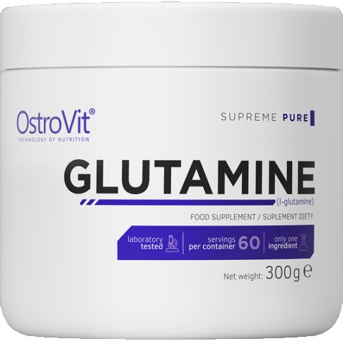 OstroVit Glutamine 300g unflavoured l-glutamine food supplement, Supreme Pure series, white tub with purple accents, 60 servings per container.