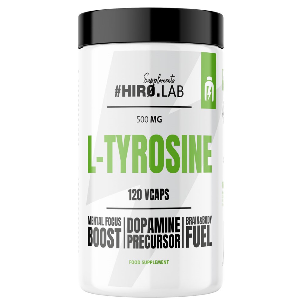 Hiro Lab L-Tyrosine 500mg 120 vcaps dietary supplement for mental focus and dopamine precursor, in a white container with green and black text.