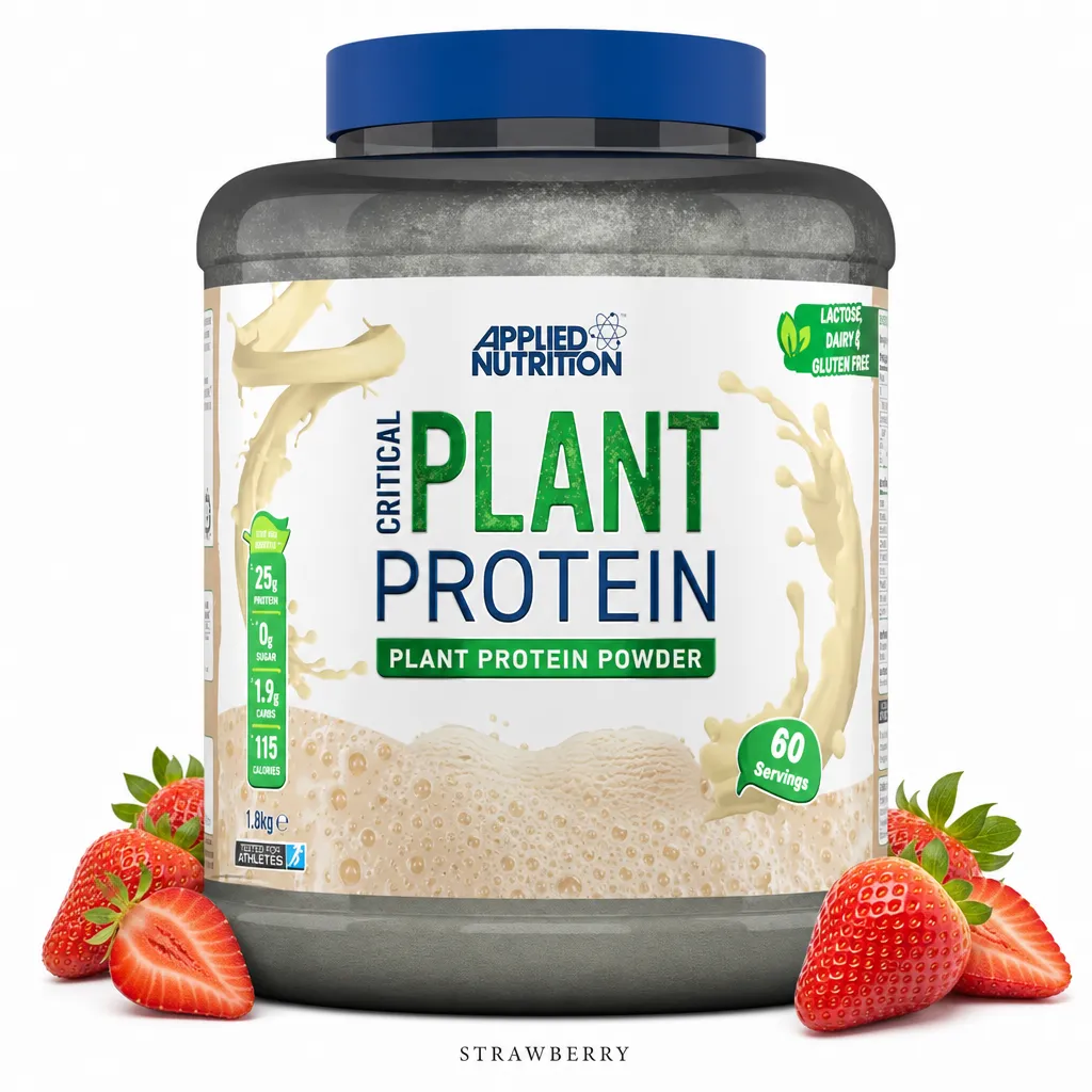 Applied Nutrition Critical Plant Protein 1800g strawberry flavour vegan protein powder, featuring a blend of soya, pea, and brown rice proteins, lactose, dairy, and gluten free.