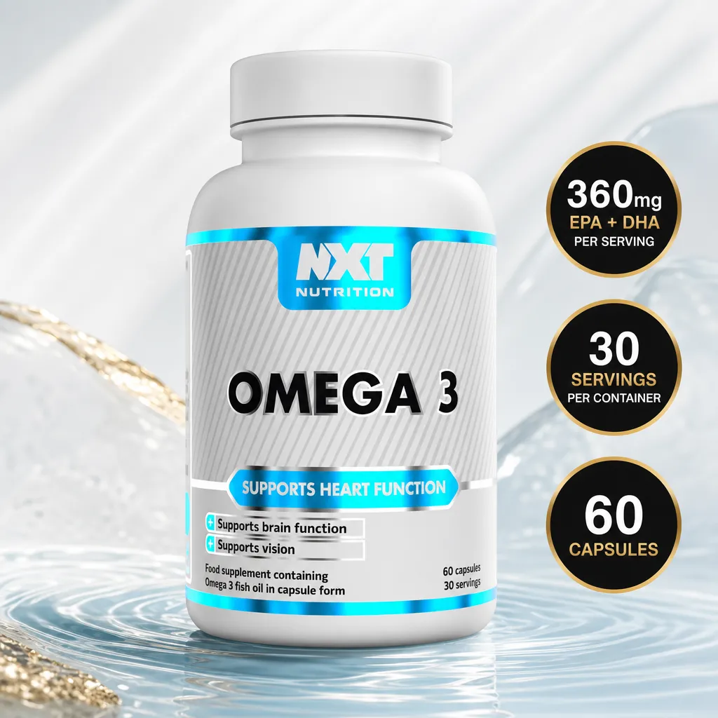 NXT Nutrition Omega 3 fish oil capsules supplement, 60 capsules with 360mg EPA and DHA per serving