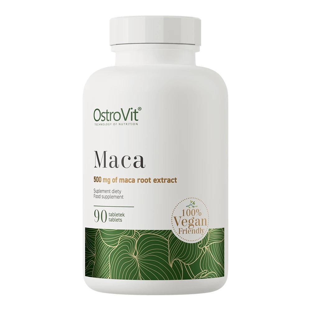OstroVit Maca 90 tablets vegan-friendly maca root extract food supplement, 500 mg per tablet, in a white bottle with green accents.
