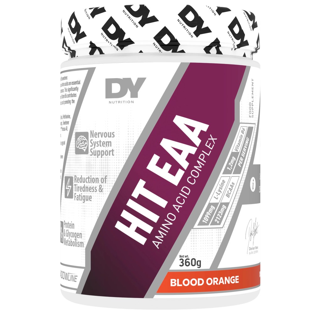 Dorian Yates HIT EAA Amino Acid Complex 360g blood orange flavour essential amino acid supplement with nervous system support and reduction of tiredness claims on the label.