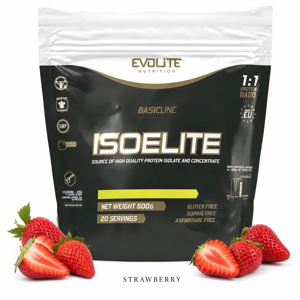 Evolite Nutrition IsoElite 500g strawberry whey protein powder, featuring a 1:1 blend of isolate and concentrate, gluten free, 20 servings.