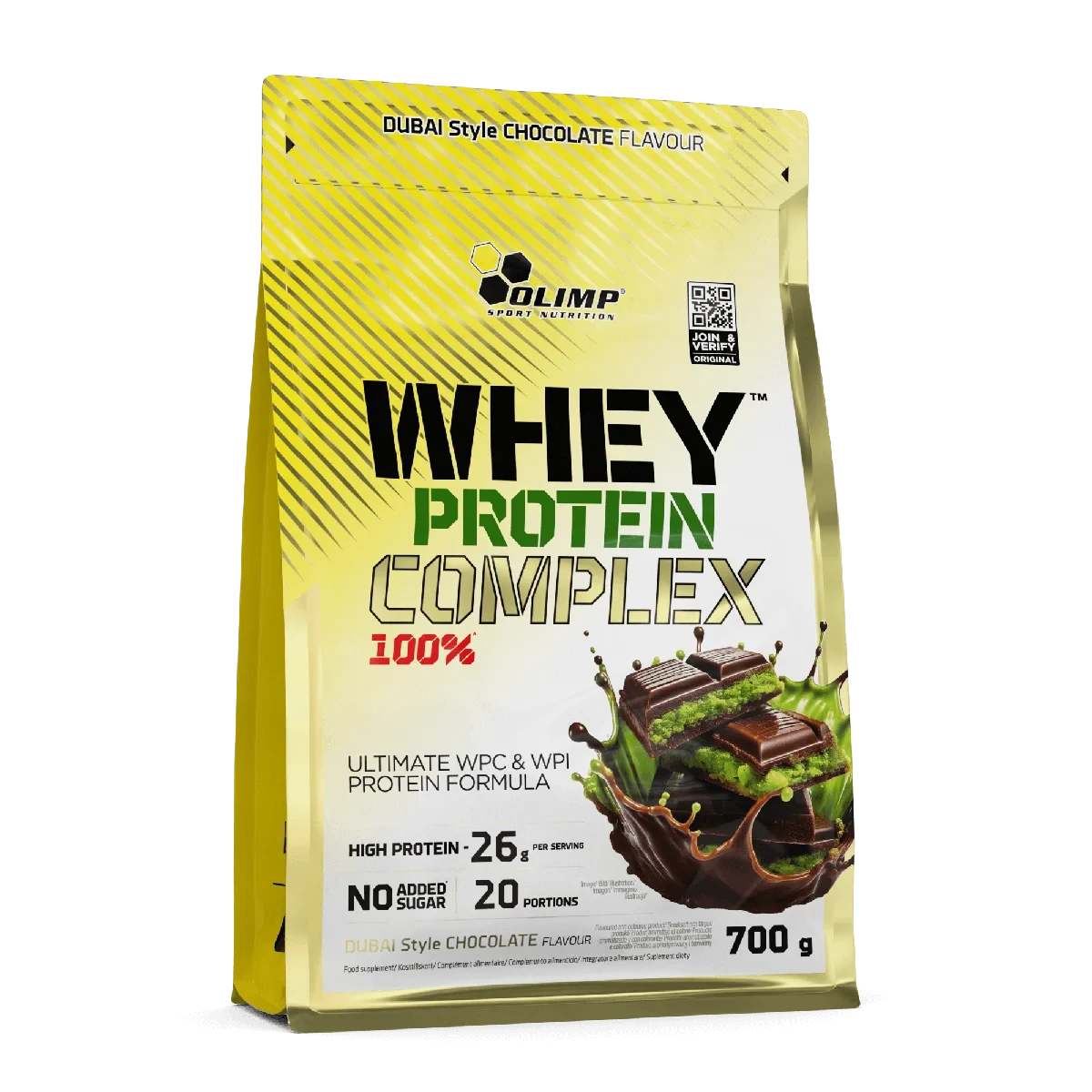 Olimp Protein Complex 100% whey protein powder, 700 g pouch in Dubai Style Chocolate flavour with a yellow and white design.