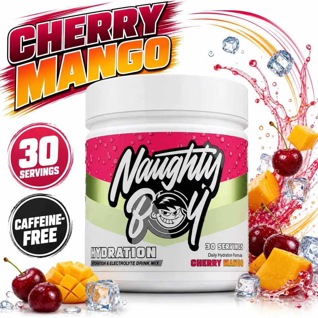 Naughty Boy Hydration Cherry Mango electrolyte drink mix, 30 servings in a tub, caffeine-free powder with a cherry mango flavour