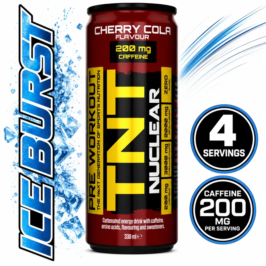 NXT Nutrition TNT Nuclear Pre Workout ready-to-drink beverage, Cherry Cola flavour, 330ml can with 200mg caffeine and 4 servings