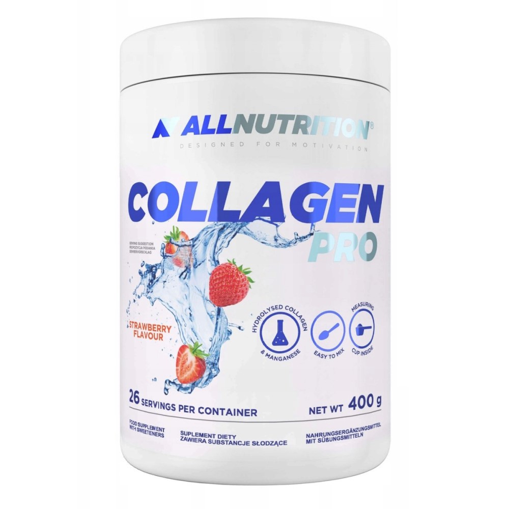 Allnutrition Collagen Pro 400g strawberry flavour hydrolysed collagen supplement with manganese, easy to mix powder, white container with blue and red accents.