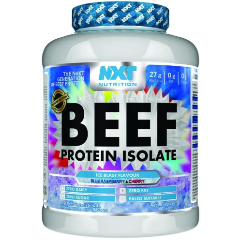 NXT Nutrition Beef Protein Isolate 1800g tub with scoop resting on top of powder