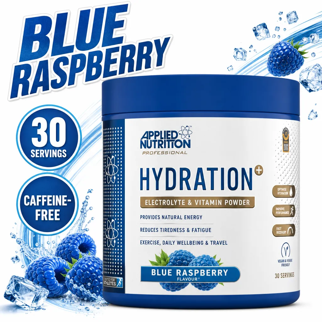Applied Nutrition Hydration+ electrolyte and vitamin powder, Blue Raspberry flavour, 30 servings in a blue and white tub