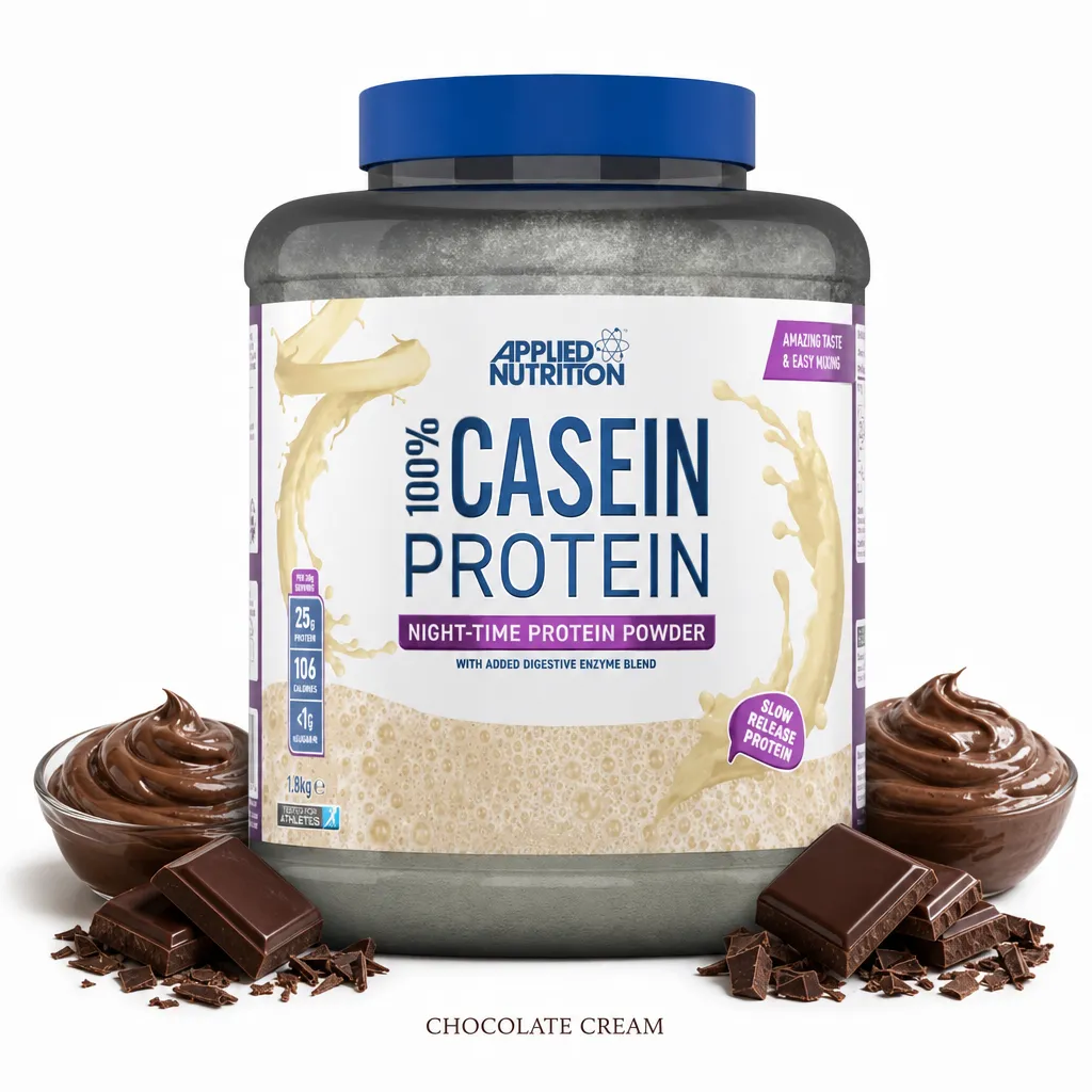 Applied Nutrition 100% Casein Protein 1800g chocolate cream flavour, a slow-release night-time protein powder with digestive enzymes, ideal for muscle recovery and low-carb diets.