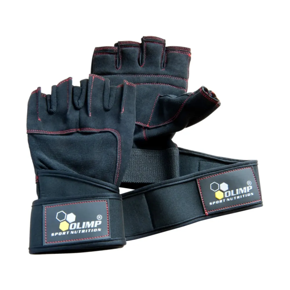 Olimp Black Raptor Gloves, fingerless weightlifting gloves with wrist support, black with red stitching, designed for gym and fitness training.