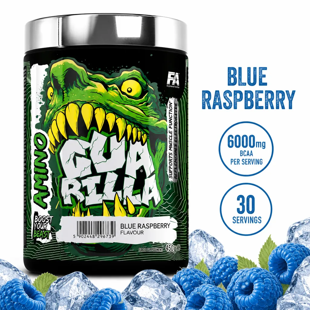 Guarilla Amino 450g amino acid supplement powder in Blue Raspberry flavour with 30 servings and 6000mg BCAA per serving