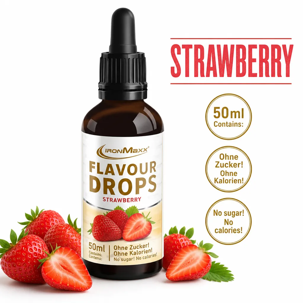 IronMaxx Flavour Drops Strawberry 50ml calorie-free liquid flavour enhancer in a pipette bottle