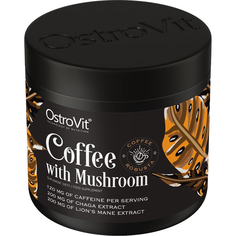 OstroVit Coffee with Mushroom 150g food supplement with robusta coffee, chaga extract, and lion's mane extract, in a black container with leaf graphics.
