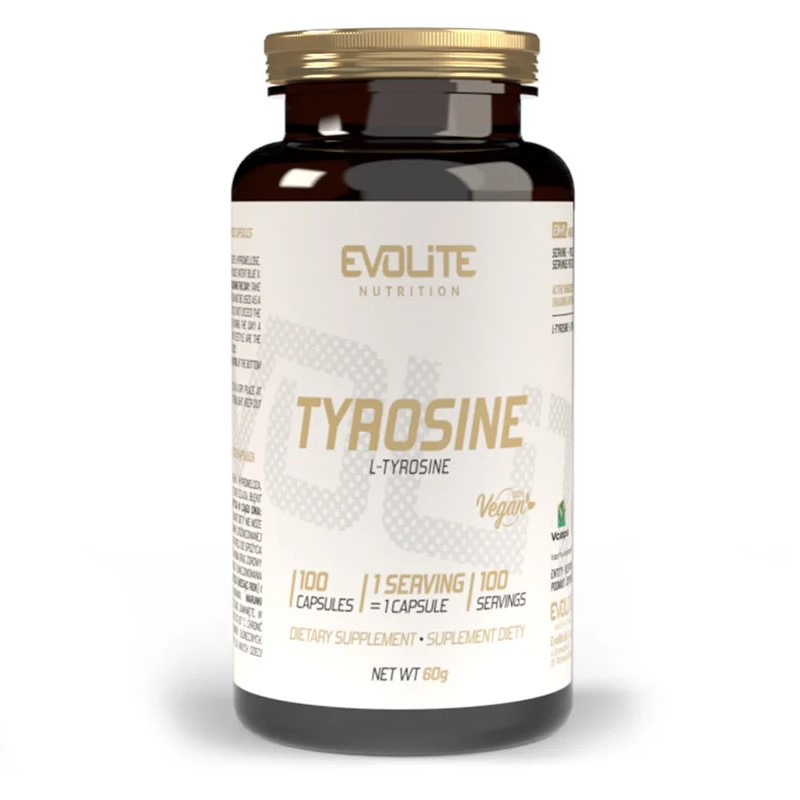 Evolite Tyrosine L-Tyrosine dietary supplement, 100 vegan capsules, 60g net weight, in a brown bottle with a gold lid, suitable for vegans.