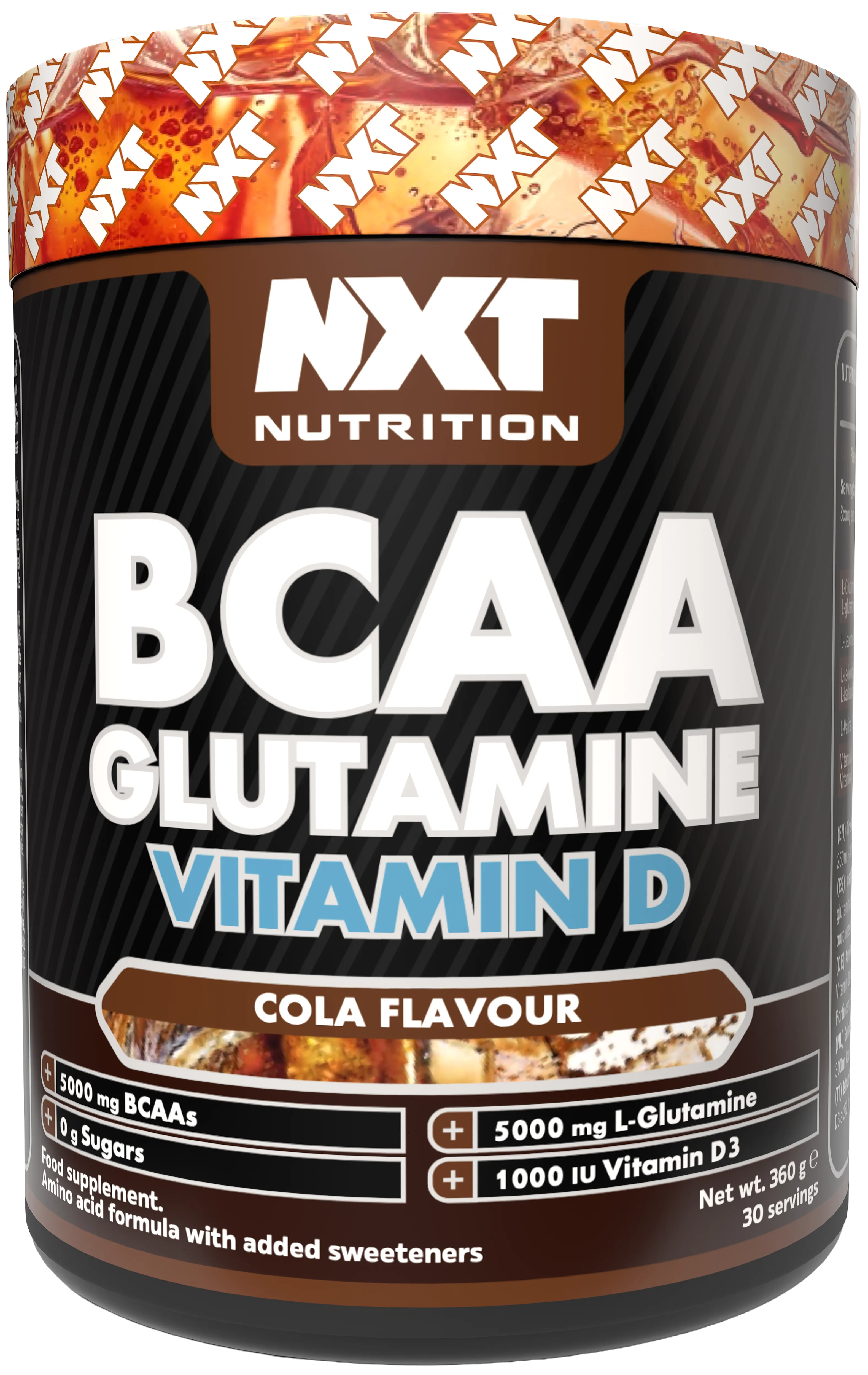 NXT Nutrition BCAA Glutamine Vitamin D cola-flavour amino acid supplement, 360g tub with 30 servings