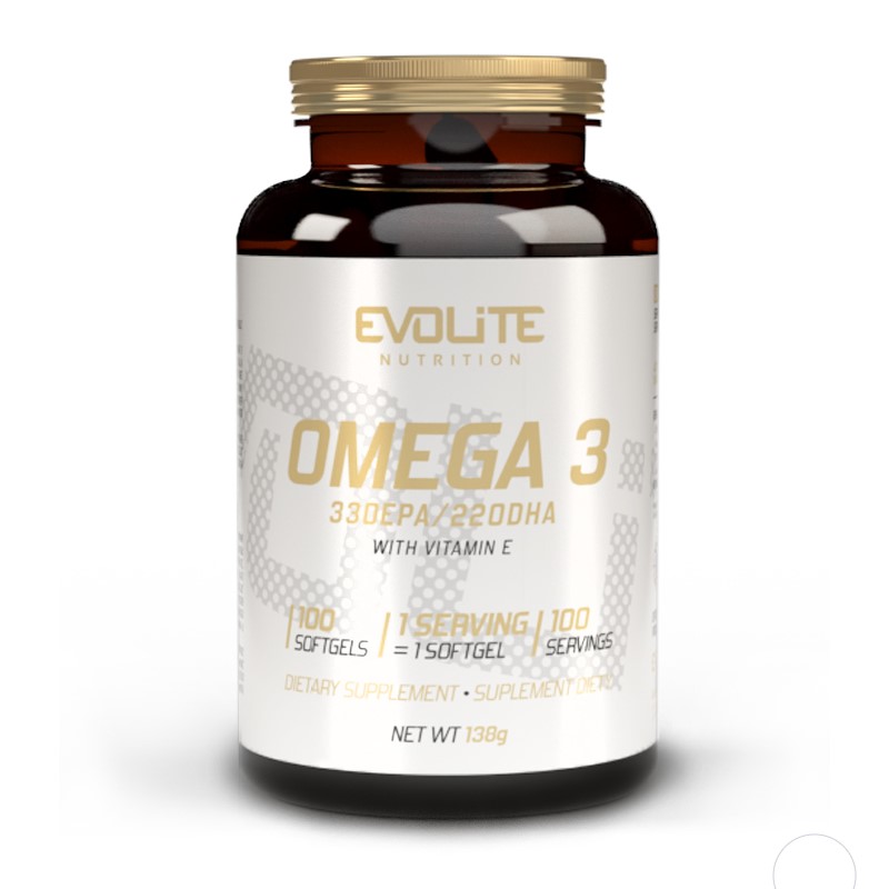 Close-up of yellow transparent Evolite Omega 3 softgel capsules, oval-shaped and glossy