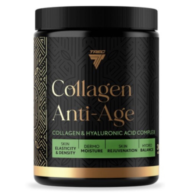 Trec Collagen Anti-Age collagen and hyaluronic acid complex supplement, 300g, for skin elasticity, moisture, and rejuvenation, in a black and gold container.