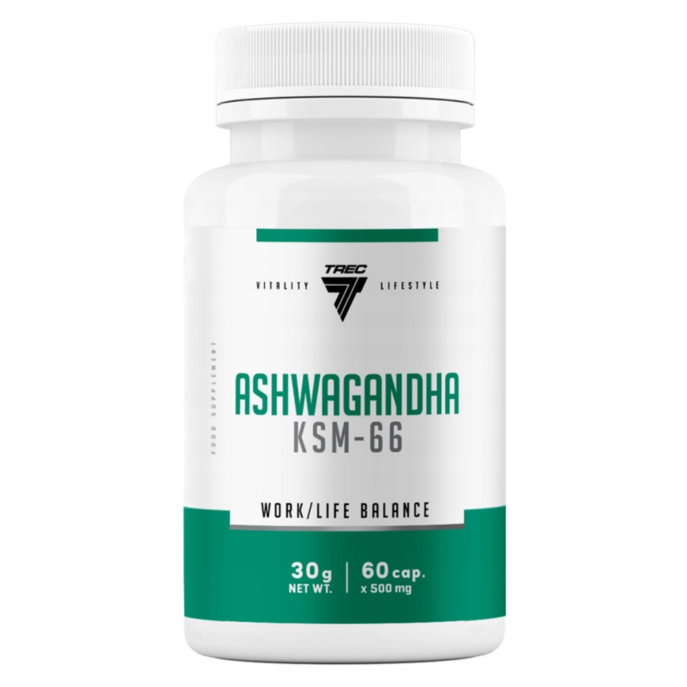 Trec Ashwagandha KSM-66 60 capsules, 500mg each, herbal supplement for work/life balance in a white and green bottle.