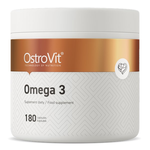 OstroVit Omega 3 180 capsules food supplement, omega-3 fatty acids in capsule form, white and gold packaging.