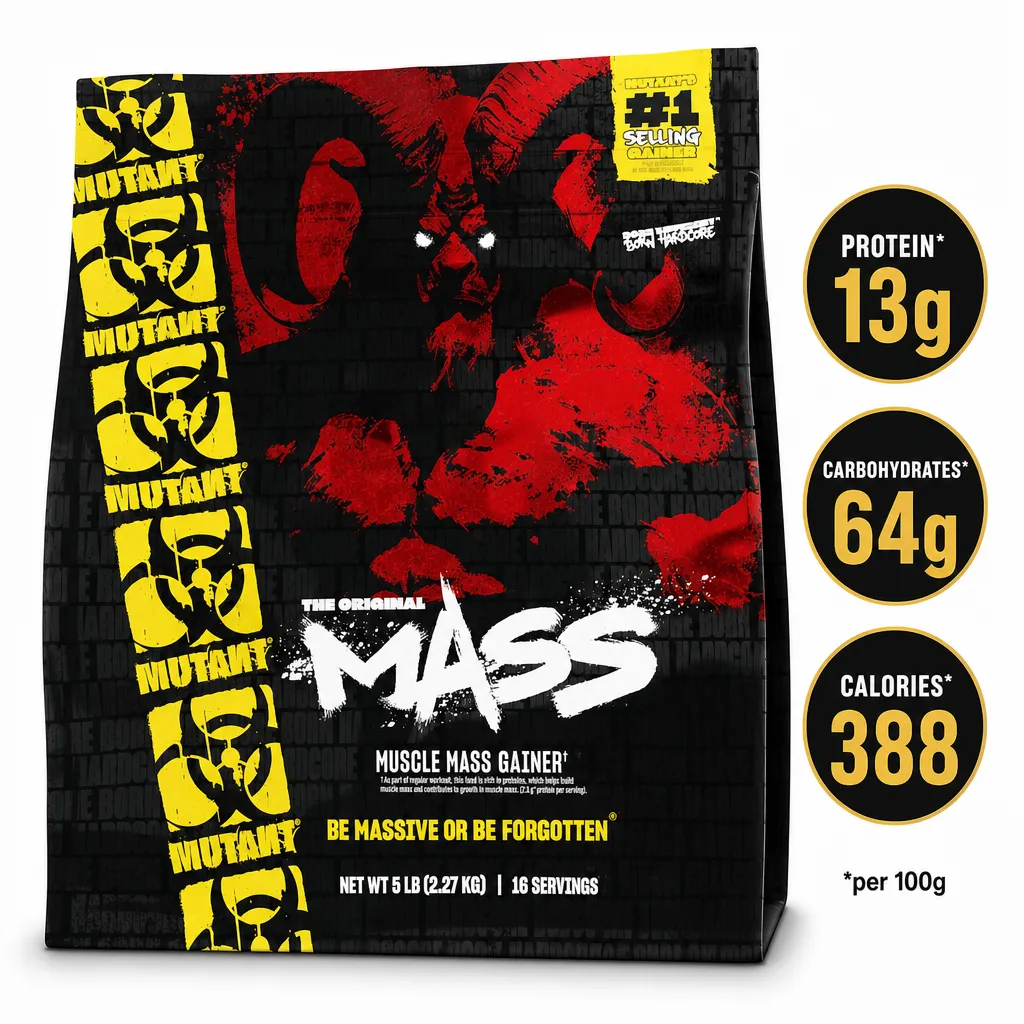 Mutant Mass 2270g muscle mass gainer supplement in a black, red and yellow 2.27 kg bag