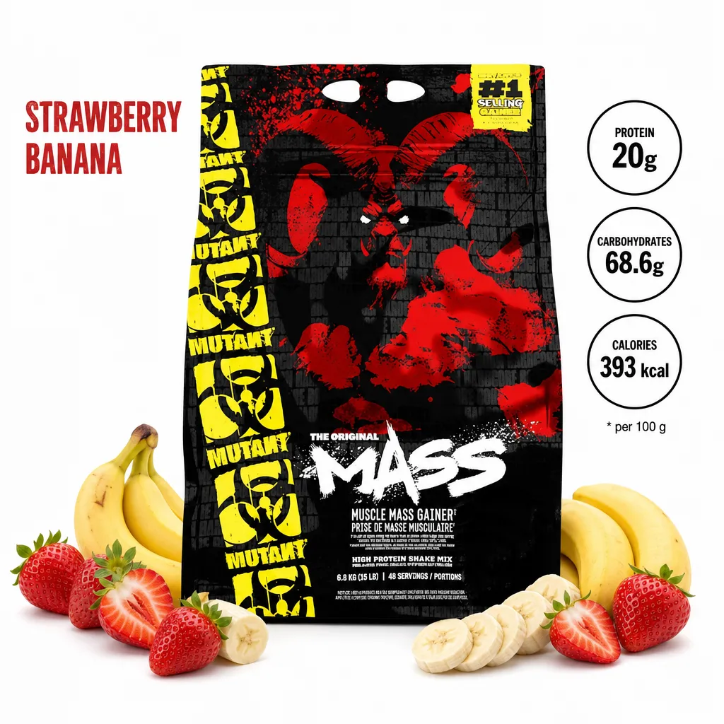 Mutant Mass 6800g Strawberry Banana is a high-calorie muscle mass gainer supplement with 20g protein and 68.6g carbohydrates per 100g, in a large black and yellow bag.