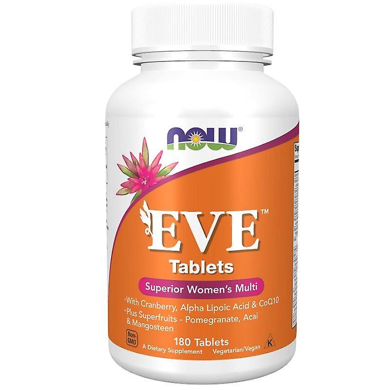 NOW Eve Tablets Superior Women’s Multi, a dietary supplement for women with cranberry, alpha lipoic acid, CoQ10, and superfruits, in a 180-tablet vegetarian/vegan bottle. Dominant orange label.