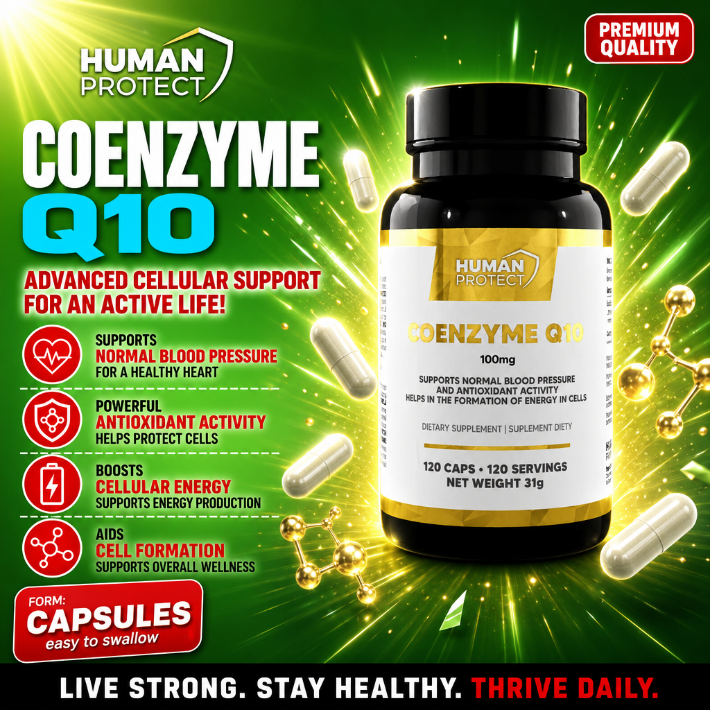 Human Protect Coenzyme Q10 100mg capsules, dietary supplement for cellular energy, antioxidant activity, and normal blood pressure, 120 caps bottle, green and gold packaging.