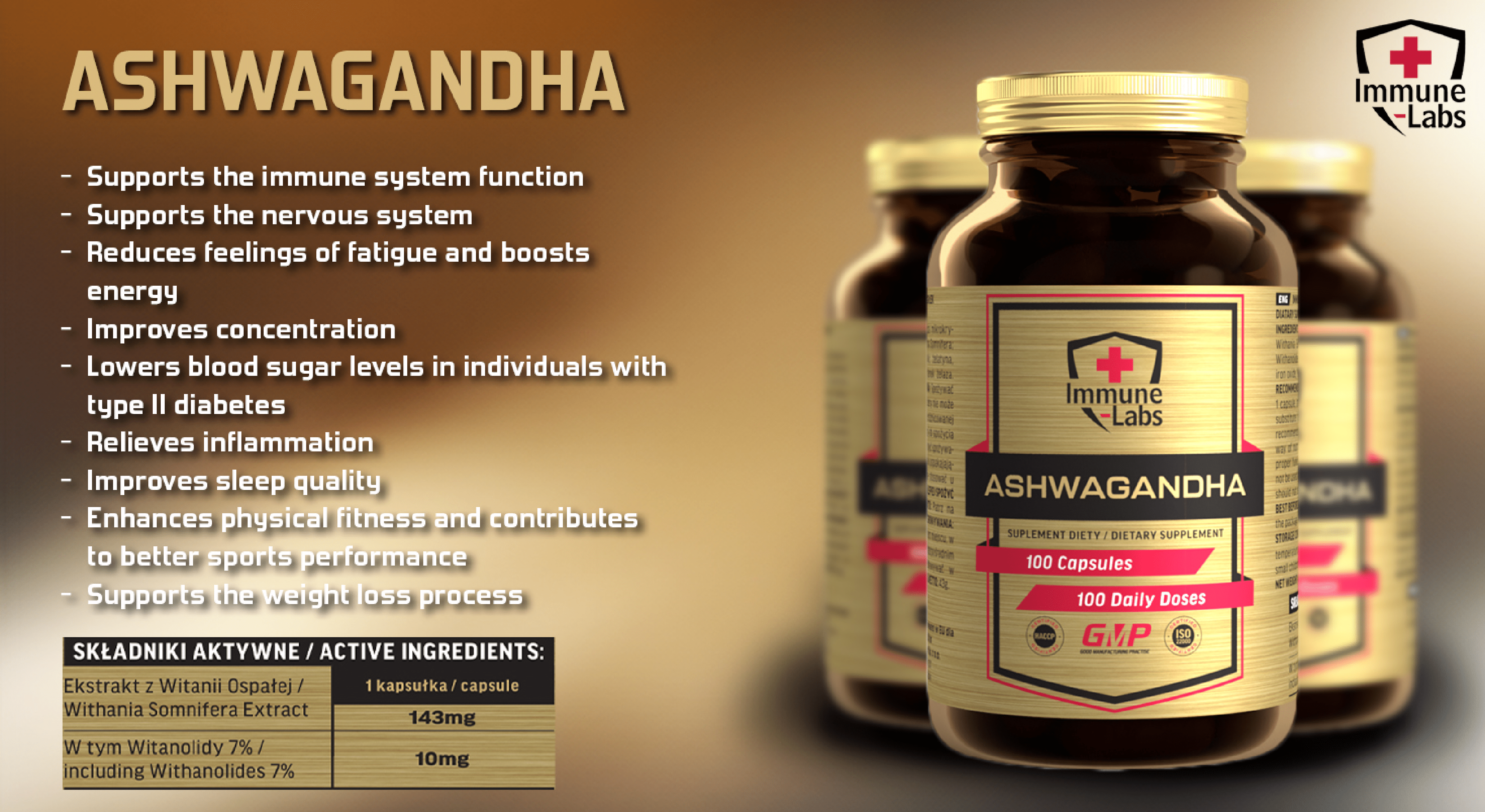 Immune Labs Ashwagandha dietary supplement, 100 capsules, with Withania Somnifera extract and 7% withanolides, in a brown bottle with a gold label.