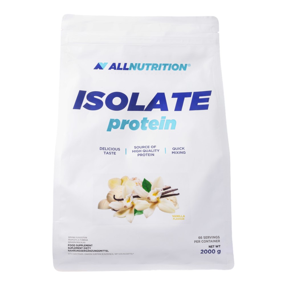 Allnutrition Isolate Protein 2000g vanilla flavour whey protein supplement, high quality protein source, white pouch packaging.